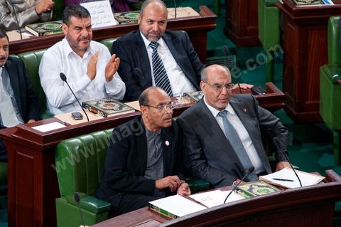 November 22, 2011: First meeting of the Constituent Assembly elected on October 23; during the second session, the only attendees were the elected representatives, with Mr. Hamadi Jebali, the future prime minister, and Moncef Marzouki, the future president of the Republic, seated side by side in the front row.