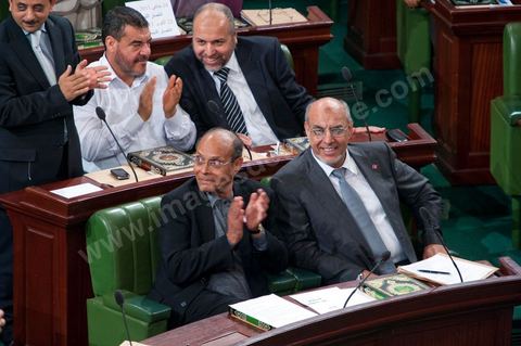 November 22, 2011: First meeting of the Constituent Assembly elected on October 23; during the second session, the only attendees were the elected representatives, with Mr. Hamadi Jebali, the future prime minister, and Moncef Marzouki, the future president of the Republic, seated side by side in the front row.