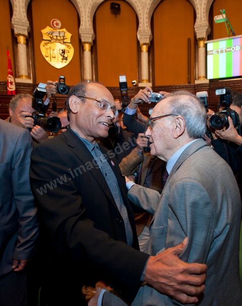 22 novembre 2011 :  Moncef Marzouki at Ahmed Mestiripour la Première réunion de l'assemblée constituante élue le 23 octobre avce en 1ère séance la présence des 217 députés élus, les membres du gouvernement de Beji CaÎd Essebsi sortant et le Président la République sortant M. Foued Mbazaa. 
