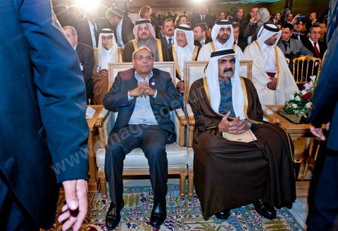 14 janvier 2012 : Moncef Marzouki, Président de la Tunisie et l'Emir du Qatar, Cheikh Hamad Ben Khalifa Al Thani, invité d'honneur avec le président Algérien et le Président du CNT Libyen pour les commémorations du 14 janvier au palais des congrès de Tunis. Commémoration à Tunis du premier anniversaire de la Révolution tunisienne, le 14 janvier étant la date de la fuite de l'ex Président vers l'Arabie Saoudide. 