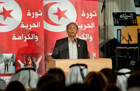 14 janvier 2012 : Intervention de Moncef Marzouki, Président de la Tunisie pour les commémorations du 14 janvier au palais des congrès de Tunis. Commémoration à Tunis du premier anniversaire de la Révolution tunisienne, le 14 janvier étant la date de la fuite de l'ex Président vers l'Arabie Saoudide. 
