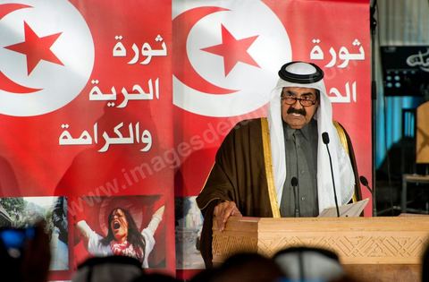14 janvier 2012 : discours de l'Emir du Qatar, Cheikh Hamad Ben Khalifa Al Thani, invité d'honneur avec le président Algérien et le Président du CNT Libyen pour les commémorations du 14 janvier au palais des congrès de Tunis. commémoration à Tunis du premier anniversaire de la Révolution tunisienne, le 14 janvier étant la date de la fuite de l'ex Président vers l'Arabie Saoudide. 