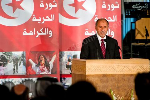 14 janvier 2012 : Dsicours de Moustapha Abdeljalil, Président du CNT Libyen, pour les commémorations du 14 janvier au palais des congrès de Tunis. commémoration à Tunis du premier anniversaire de la Révolution tunisienne, le 14 janvier étant la date de la fuite de l'ex Président vers l'Arabie Saoudide. 