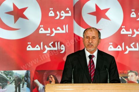 14 janvier 2012 : Dsicours de Moustapha Abdeljalil, Président du CNT Libyen, pour les commémorations du 14 janvier au palais des congrès de Tunis. commémoration à Tunis du premier anniversaire de la Révolution tunisienne, le 14 janvier étant la date de la fuite de l'ex Président vers l'Arabie Saoudide. 