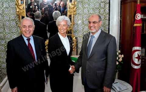 February 1, 2012: Hamadi Jebali, Christine Lagarde, and Mustapha Kamel Nabli, Governor of the Central Bank of Tunisia, during Christine Lagarde’s visit to Tunisia as Managing Director of the IMF, the International Monetary Fund. Meeting with Hamadi Jebali, Prime Minister of Tunisia.
