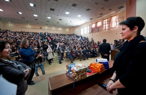 March 14, 2012: Khaoula Rachidi at the University of Manouba, on the eve of the elections for student representatives to the academic committees, Dean Habib Kazdaghli organized a ceremony in one of the lecture halls in honor of the young student Khaoula Rachidi, who intervened when a Salafist attempted to remove the Tunisian flag last week. 