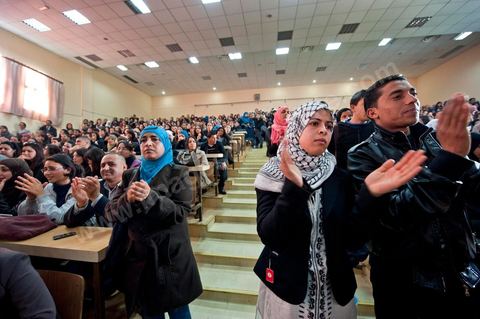 March 14, 2012, at the University of Manouba, on the eve of the elections for student representatives to the academic committees, Dean Habib Kazdaghli organized a ceremony in one of the lecture halls in honor of the young student Khaoula Rachidi, who intervened when a Salafist attempted to remove the Tunisian flag last week. 