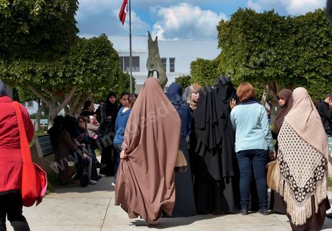 March 14, 2012: A group of women wearing niqabs at the University of Manouba, on the eve of the elections for student representatives to the academic committees, Dean Habib Kazdaghli organized a ceremony in one of the lecture halls in honor of the young student Khaoula Rachidi, who intervened when a Salafist attempted to remove the Tunisian flag last week. 