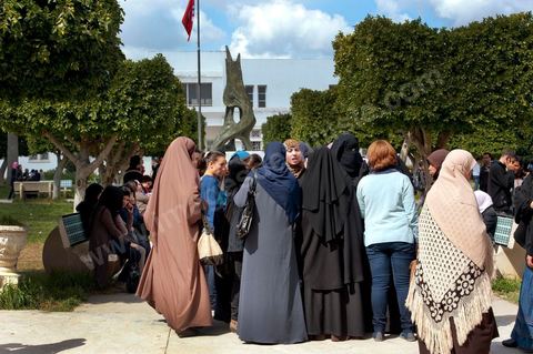 March 14, 2012: A group of women wearing niqabs at the University of Manouba, on the eve of the elections for student representatives to the academic committees, Dean Habib Kazdaghli organized a ceremony in one of the lecture halls in honor of the young student Khaoula Rachidi, who intervened when a Salafist attempted to remove the Tunisian flag last week. 