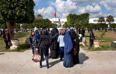 March 14, 2012: A group of women wearing niqabs at the University of Manouba, on the eve of the elections for student representatives to the academic committees, Dean Habib Kazdaghli organized a ceremony in one of the lecture halls in honor of the young student Khaoula Rachidi, who intervened when a Salafist attempted to remove the Tunisian flag last week. 