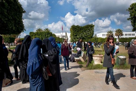 March 14, 2012: A group of women wearing niqabs at the University of Manouba, on the eve of the elections for student representatives to the academic committees, Dean Habib Kazdaghli organized a ceremony in one of the lecture halls in honor of the young student Khaoula Rachidi, who intervened when a Salafist attempted to remove the Tunisian flag last week. 