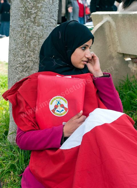 March 14, 2012: A group of women wearing niqabs at the University of Manouba, on the eve of the elections for student representatives to the academic committees, Dean Habib Kazdaghli organized a ceremony in one of the lecture halls in honor of the young student Khaoula Rachidi, who intervened when a Salafist attempted to remove the Tunisian flag last week. 
