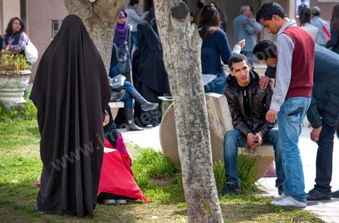 March 14, 2012: A group of women wearing niqabs at the University of Manouba, on the eve of the elections for student representatives to the academic committees, Dean Habib Kazdaghli organized a ceremony in one of the lecture halls in honor of the young student Khaoula Rachidi, who intervened when a Salafist attempted to remove the Tunisian flag last week. 