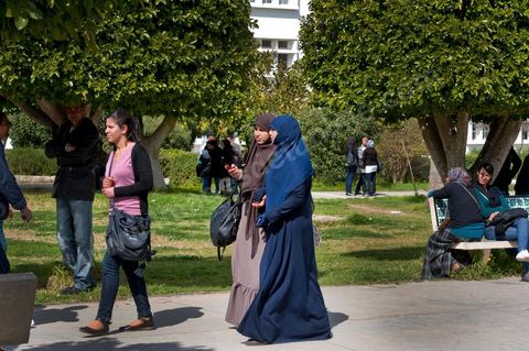 March 14, 2012: A group of women wearing niqabs at the University of Manouba, on the eve of the elections for student representatives to the academic committees, Dean Habib Kazdaghli organized a ceremony in one of the lecture halls in honor of the young student Khaoula Rachidi, who intervened when a Salafist attempted to remove the Tunisian flag last week. 
