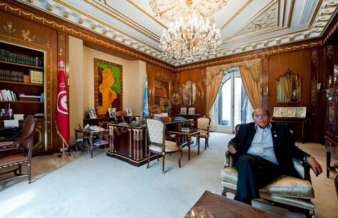 9 mars : Moncef Marzouki dans son bureau lors de notre rencontre avec M. Moncef Marzouki, président de la République depuis le 13 décembre 2011, au Palais Préisdentiel de Carthage. Le Président a repris le bureau de Habib Bourguiba, abndonné sous Ben Ali, le bureau de ce dernier a été transformé en salle d'accueil.