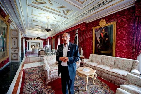 9 mars : Moncef Marzouki et la visite du Palais présidentiel lors de la rencontre avec M. Moncef Marzouki, président de la République depuis le 13 décembre 2011, au Palais Préisdentiel de Carthage. Ici dans le salon des tableaux des Beys de Tunisie. 