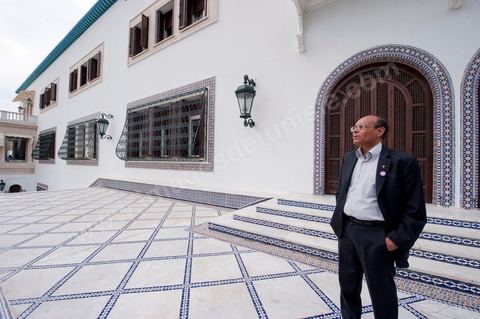 9 mars : rencontre avec M. Moncef Marzouki, président de la République depuis le 13 décembre 2011, au Palais Préisdentiel de Carthage. Sur la terrasse du palais de carthage qui surplombe le port et le golfe de Carthage. Au loin Boukornine la colline qui domine la ville de l'enfance de Marzouki, Hammam Lif.
