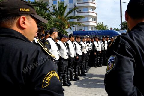 May 1, 2012, on Habib Bourguiba Avenue: Tunisian union members and workers demonstrated on the avenue to mark Labor Day. Police briefing ahead of the major day of protests.