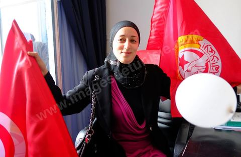 1er mai 2012 sur l'avenue Habib Bourguiba, manifestation des syndicalistes et des travailleurs tunisiens sur l'avenue pour la fête du travail. Au sein du siège histoirque de l'UGTT pendnat le discous de Houcine Abbassi, le patron du syndicat.