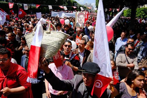May 1, 2012, on Habib Bourguiba Avenue: a demonstration by Tunisian union members and workers on the avenue to celebrate Labor Day.