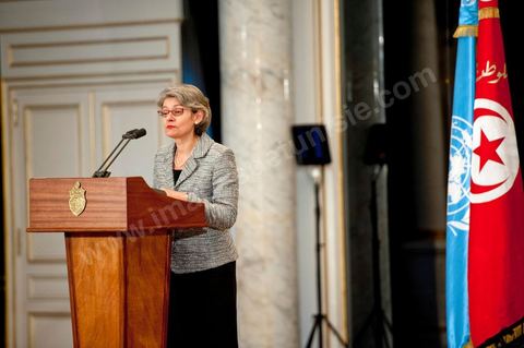 3 mai 2012, allocution de la Directrice générale de l'UNESCO Mme Irina Bokova au palais présidentiel de Carthage, cérémonie offcielle de remise du prix mondial UNESCO/Guillermo Cano de la liberté de la presse 2012 à EYNULLA FATULLAYEV. prix remis par la Directrice générale de l'UNESCO Mme Irina Bokova, en présence de M. Moncef Marzouki président de la Tunisie.