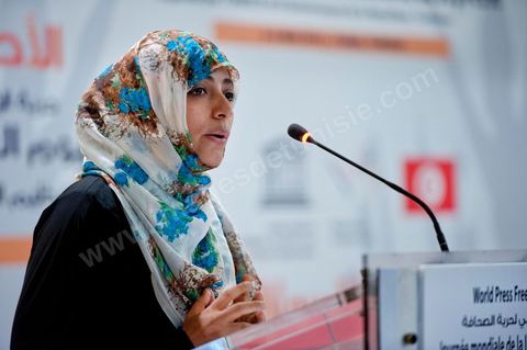 4 mai 2012 : allocution de Tawakkol Karman, prix Nobel de la Paix 2011 à l'Ouverture de la Conférences Interbationale "les nouvelles voix" laliberté d ela presse, un vecteur de transformation des sociétés dans le cadre d ela journée mondiale de la liberté d ela presse oragnisée à Tunis par l'UNESCO.