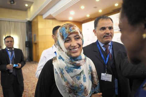 4 mai 2012 : Tawakkol Karman, prix Nobel de la Pais paix 2011 à l'Ouverture de la Conférences Interbationale "les nouvelles voix" laliberté d ela presse, un vecteur de transformation des sociétés dans le cadre d ela journée mondiale de la liberté d ela presse oragnisée à Tunis par l'UNESCO.