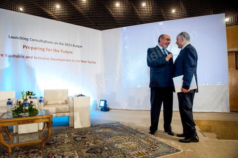 June 23: Hamadi Jebali and Mustapha Kamel Nabli, governor of the Central Bank of Tunisia—just days before his dismissal—at the Tunis Convention Center for an event marking the “Launch of Consultations on the 2013 Budget, "Let’s Prepare for the Future: Equitable and Inclusive Development for a New Tunisia," chaired by Hamadi Jebali, Prime Minister of Tunisia, with a special appearance by Joseph Stiglitz, winner of the 2011 Nobel Prize in Economics, and members of the government.