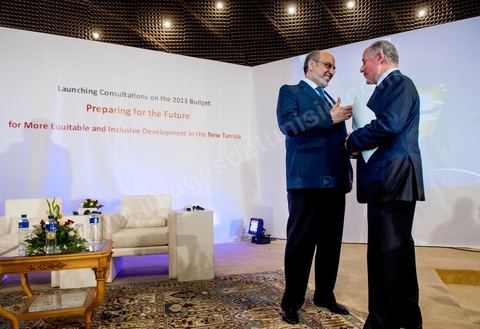 June 23: Hamadi Jebali and Mustapha Kamel Nabli, governor of the Central Bank of Tunisia—just days before his dismissal—at the Tunis Convention Center for an event marking the “Launch of Consultations on the 2013 Budget, "Let’s Prepare for the Future: Equitable and Inclusive Development for a New Tunisia," chaired by Hamadi Jebali, Prime Minister of Tunisia, with a special appearance by Joseph Stiglitz, winner of the 2011 Nobel Prize in Economics, and members of the government.