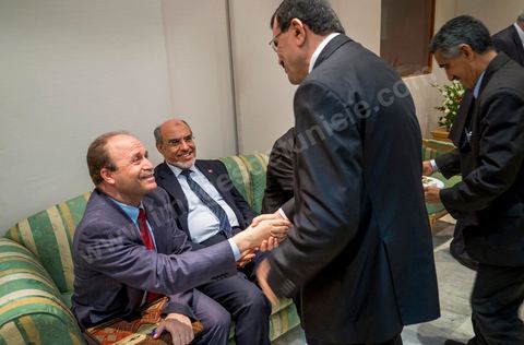 June 23: Hamadi Jebali, head of the government, seated in the center, with Mehdi Mabrouk, Minister of Culture, on his left, greets Ali Laryedh (standing), Minister of the Interior, in the reception rooms of the Convention Center. At the Tunis Convention Center, an event was held for the “Launch of Consultations on the 2013 Budget, "Let’s Prepare for the Future: Equitable and Inclusive Development for a New Tunisia," presided over by Hamadi Jebali, Prime Minister of Tunisia, with the special participation of Joseph Stiglitz, winner of the 2011 Nobel Prize in Economics, and members of the government.