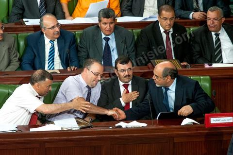 June 29: Hamadi Jebali (bottom right), head of government, flanked by Ali Laryedh, Minister of the Interior, Samir Dilou, Minister of Transitional Justice and Human Rights, and Abderrazak Kilani, Minister for Relations with the Assembly, at the plenary session of the National Constituent Assembly, attended by Hamadi Jebali, head of government, and a large number of ministers. This plenary session was convened to hear the government’s statement on the extradition case of former Libyan Prime Minister Baghdadi Mahmoudi. 