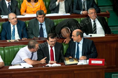 June 29: Hamadi Jebali (bottom right), head of government, flanked by Ali Laryedh, Minister of the Interior, Samir Dilou, Minister of Transitional Justice and Human Rights, and Abderrazak Kilani, Minister for Relations with the Assembly, at the plenary session of the National Constituent Assembly, attended by Hamadi Jebali, head of government, and a large number of ministers. This plenary session was convened to hear the government’s statement on the extradition case of former Libyan Prime Minister Baghdadi Mahmoudi. 