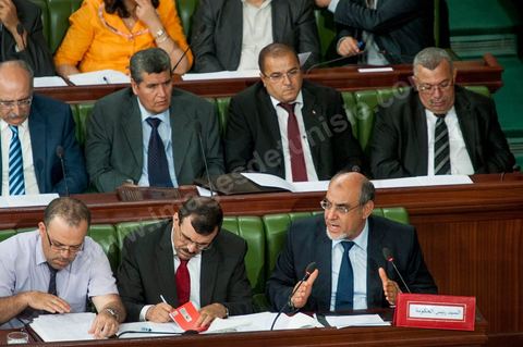 June 29: Hamadi Jebali (bottom right), head of government, flanked by Ali Laryedh, Minister of the Interior, Samir Dilou, Minister of Transitional Justice and Human Rights, and Abderrazak Kilani, Minister for Relations with the Assembly, at the plenary session of the National Constituent Assembly, attended by Hamadi Jebali, head of government, and a large number of ministers. This plenary session was convened to hear the government’s statement on the extradition case of former Libyan Prime Minister Baghdadi Mahmoudi. 