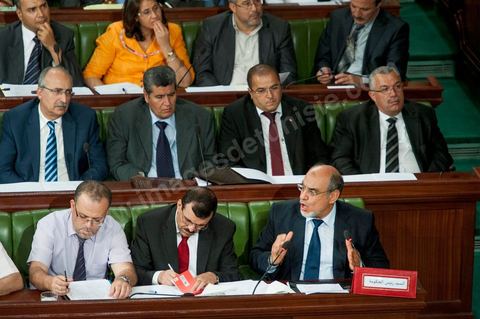 June 29: Hamadi Jebali (bottom right), head of government, flanked by Ali Laryedh, Minister of the Interior, Samir Dilou, Minister of Transitional Justice and Human Rights, and Abderrazak Kilani, Minister for Relations with the Assembly, at the plenary session of the National Constituent Assembly, attended by Hamadi Jebali, head of government, and a large number of ministers. This plenary session was convened to hear the government’s statement on the extradition case of former Libyan Prime Minister Baghdadi Mahmoudi. 