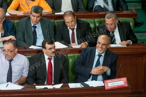 June 29: Hamadi Jebali (bottom right), head of government, flanked by Ali Laryedh, Minister of the Interior, Samir Dilou, Minister of Transitional Justice and Human Rights, and Abderrazak Kilani, Minister for Relations with the Assembly, at the plenary session of the National Constituent Assembly, attended by Hamadi Jebali, head of government, and a large number of ministers. This plenary session was convened to hear the government’s statement on the extradition case of former Libyan Prime Minister Baghdadi Mahmoudi. 