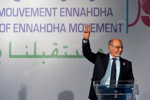12 juillet : Hamadi Jebali, secretaire general de Ennahdha et Président du gouvernement tunisien,  lors du 9ème congrès du mouvement islamiste Ennahdha, parti au pouvoir en Tunisie. plus de 10 000 congrèsites pour la grande cérémonie d'ouverture du congrès qui cloturera le 15 juillet.