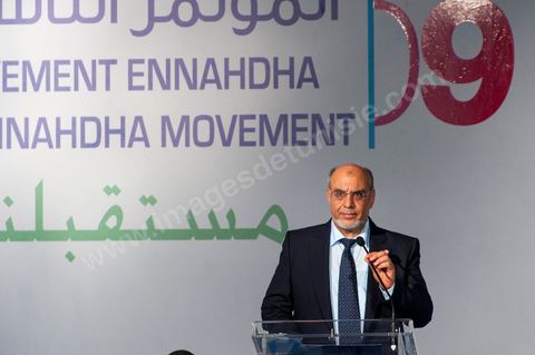 12 juillet : Hamadi Jebali, secretaire general de Ennahdha et Président du gouvernement tunisien,  lors du 9ème congrès du mouvement islamiste Ennahdha, parti au pouvoir en Tunisie. plus de 10 000 congrèsites pour la grande cérémonie d'ouverture du congrès qui cloturera le 15 juillet.
