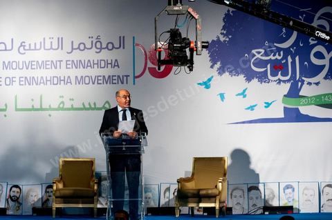 12 juillet : Hamadi Jebali, secretaire general de Ennahdha et Président du gouvernement tunisien,  lors du 9ème congrès du mouvement islamiste Ennahdha, parti au pouvoir en Tunisie. plus de 10 000 congrèsites pour la grande cérémonie d'ouverture du congrès qui cloturera le 15 juillet.