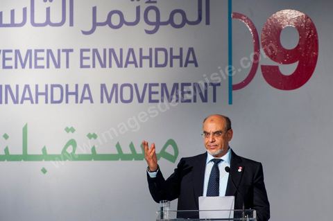 12 juillet : Hamadi Jebali, secretaire general de Ennahdha et Président du gouvernement tunisien,  lors du 9ème congrès du mouvement islamiste Ennahdha, parti au pouvoir en Tunisie. plus de 10 000 congrèsites pour la grande cérémonie d'ouverture du congrès qui cloturera le 15 juillet.