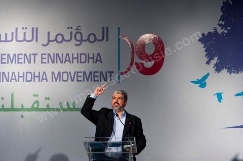 12 juillet : Khaled Mechaal, président du bureau politique du parti Hamas palestiniien, lors du 9ème congrès du mouvement islamiste Ennahdha, parti au pouvoir en Tunisie. plus de 10 000 congrèsites pour la grande cérémonie d'ouverture du congrès qui cloturera le 15 juillet.