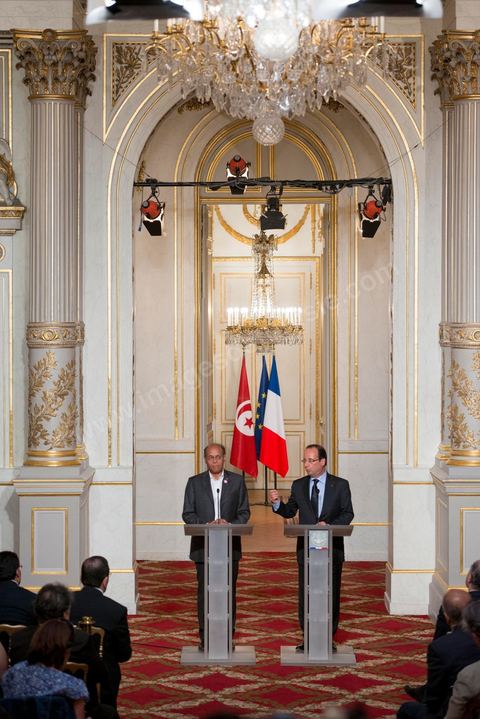 July 17: Press conference following the meeting between the two presidents at the Élysée Palace—François Hollande and Moncef Marzouki—on the first day of the official visit to Paris and Marseille by Moncef Marzouki, President of the Republic of Tunisia