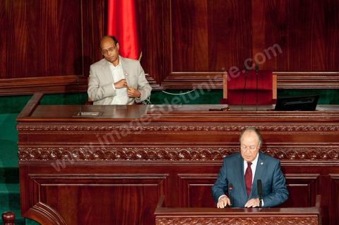 25 juillet : en bas en discours Mustapha Ben Jaafar, Président de l'ANC et Moncef Marzouki, Président de la République au perchoir de l'ANC pour la commémoration du 55ème anniversaire de la République tunisienne avec les discours des 3 présidents à l'Assemblée Nationale Constituante.