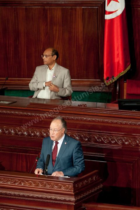 25 juillet : en bas en discours Mustapha Ben Jaafar, Président de l'ANC et Moncef Marzouki, Président de la République au perchoir de l'ANC pour la commémoration du 55ème anniversaire de la République tunisienne avec les discours des 3 présidents à l'Assemblée Nationale Constituante.