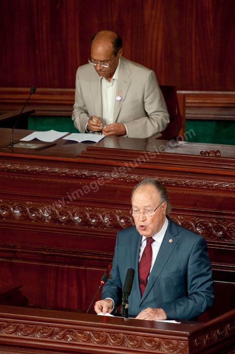 25 juillet : en bas en discours Mustapha Ben Jaafar, Président de l'ANC et Moncef Marzouki, Président de la République au perchoir de l'ANC pour la commémoration du 55ème anniversaire de la République tunisienne avec les discours des 3 présidents à l'Assemblée Nationale Constituante.