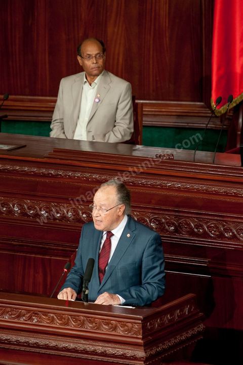 25 juillet : en bas en discours Mustapha Ben Jaafar, Président de l'ANC et Moncef Marzouki, Président de la République au perchoir de l'ANC pour la commémoration du 55ème anniversaire de la République tunisienne avec les discours des 3 présidents à l'Assemblée Nationale Constituante.