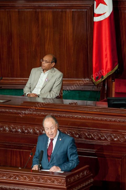 25 juillet : en bas en discours Mustapha Ben Jaafar, Président de l'ANC et Moncef Marzouki, Président de la République au perchoir de l'ANC pour la commémoration du 55ème anniversaire de la République tunisienne avec les discours des 3 présidents à l'Assemblée Nationale Constituante.