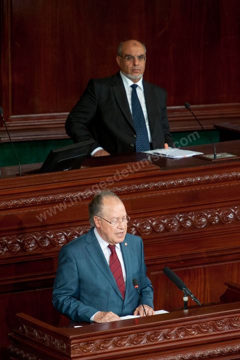 25 juillet : en bas en discours Mustapha Ben Jaafar, Président de l'ANC et Hammadi Jebali , Président du gouvernement au perchoir de l'ANC pour la commémoration du 55ème anniversaire de la République tunisienne avec les discours des 3 présidents à l'Assemblée Nationale Constituante.