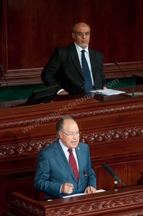 25 juillet : en bas en discours Mustapha Ben Jaafar, Président de l'ANC et Hammadi Jebali , Président du gouvernement au perchoir de l'ANC pour la commémoration du 55ème anniversaire de la République tunisienne avec les discours des 3 présidents à l'Assemblée Nationale Constituante.