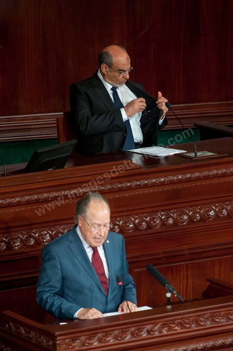 25 juillet : en bas en discours Mustapha Ben Jaafar, Président de l'ANC et Hammadi Jebali , Président du gouvernement au perchoir de l'ANC pour la commémoration du 55ème anniversaire de la République tunisienne avec les discours des 3 présidents à l'Assemblée Nationale Constituante.
