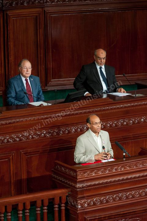 25 juillet : les 3 présidents au perchoir de l'assemblée Mustapha Ben Jaafar, Président de l'ANC, Moncef Marzouki, Président de la République et Hammadi Jebali , Président du gouvernement, arrivent à l'ANC pour la commémoration du 55ème anniversaire de la République tunisienne avec les discours des 3 présidents à l'Assemblée Nationale Constituante.